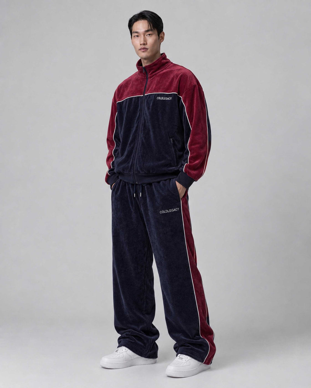 Coldlegacy Velvet Track Trousers - Navy/Red