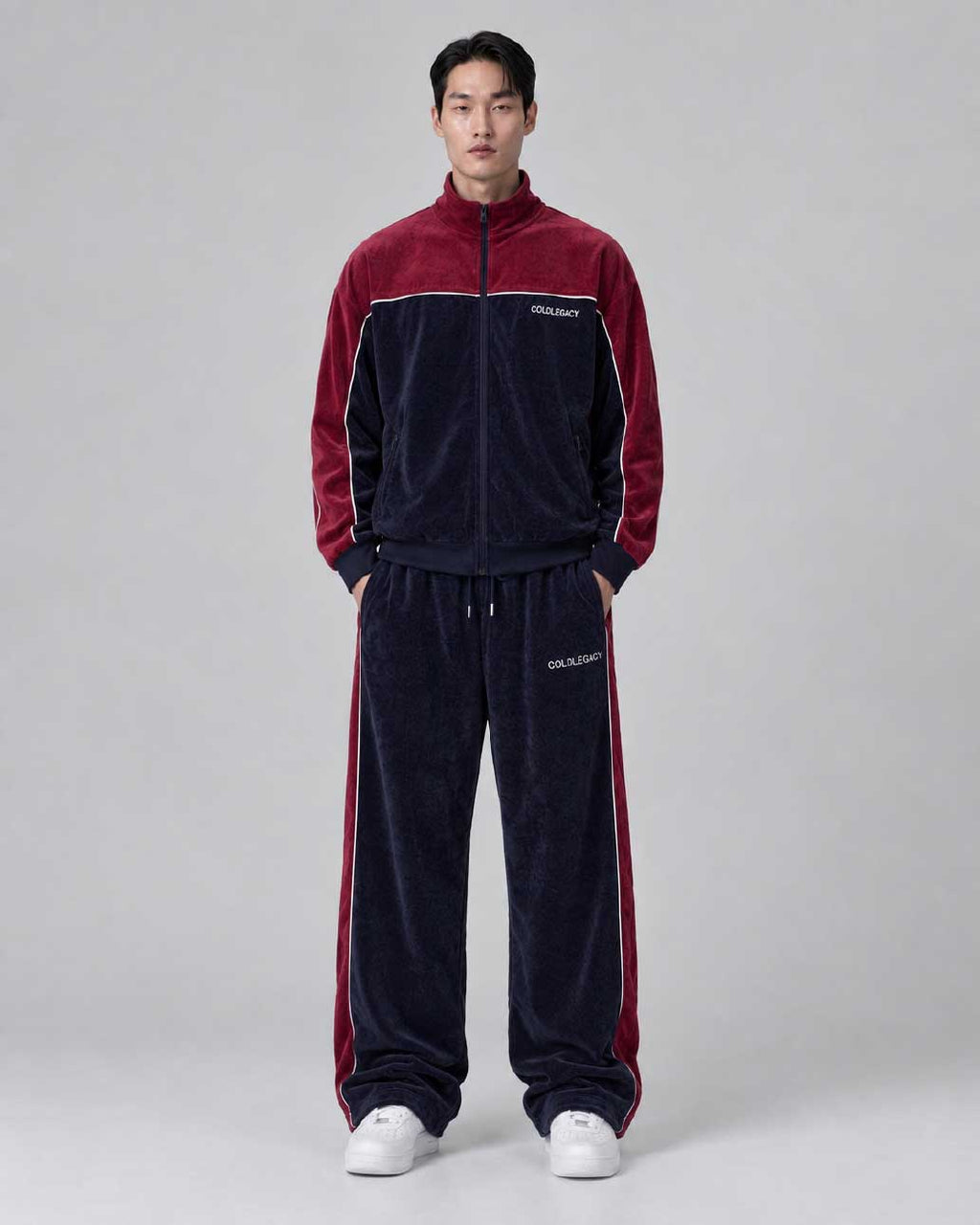 Coldlegacy Velvet Track Trousers - Navy/Red