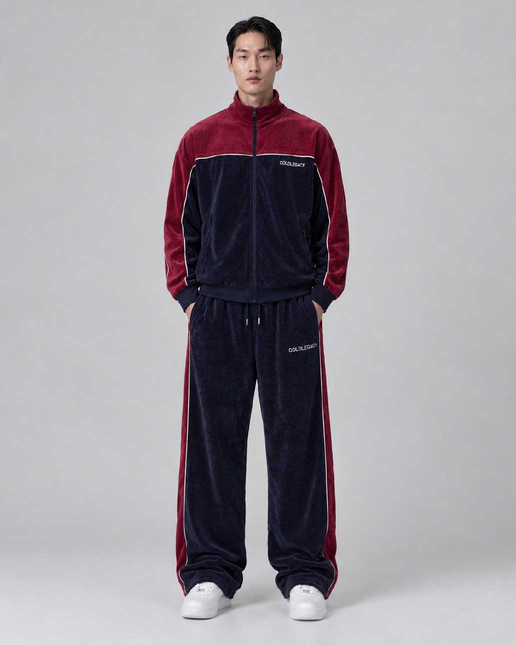 Coldlegacy Velvet Track Trousers - Navy/Red